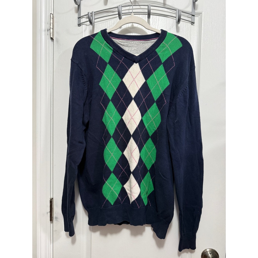 American Eagle Outfitters V‎ Neck Sweater Womens LT Navy Green Argyle Large Tall
